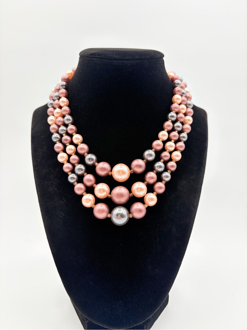 Vintage Multi Color Pearl Necklace 3 Tier Layered Choker Purple Gray Cream
